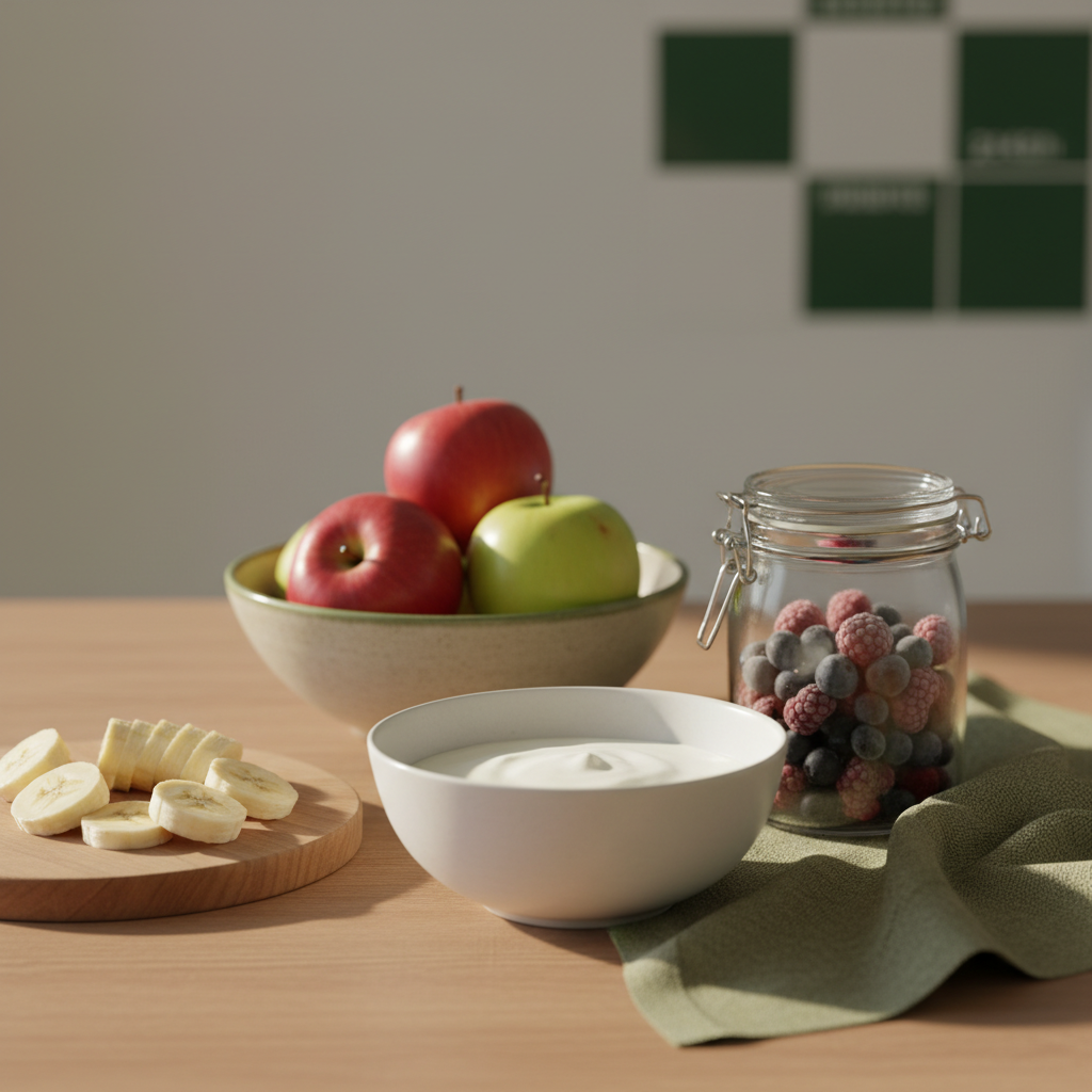 Minimalistisches Frühstück mit Joghurt, Glas mit Tiefkühlbeeren, Bananenscheiben und Äpfeln in Keramikschale bei warmem Tageslicht – ideal für täglich Obst essen.