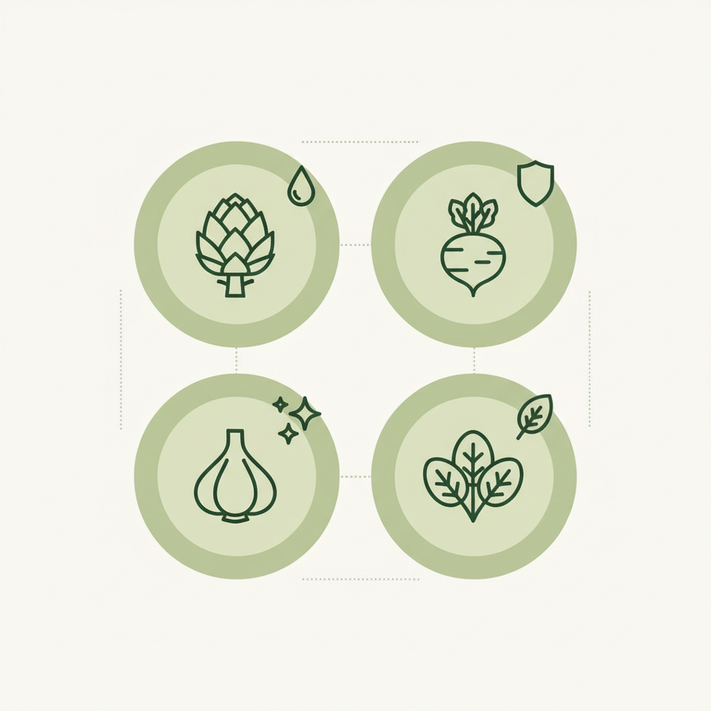 Welche 4 Lebensmittel reinigen die Leber? Minimalistische Vektor-Infografik mit vier Icons: Artischocke, Rote Bete, Knoblauch, Blattgemüse in Markenfarben.