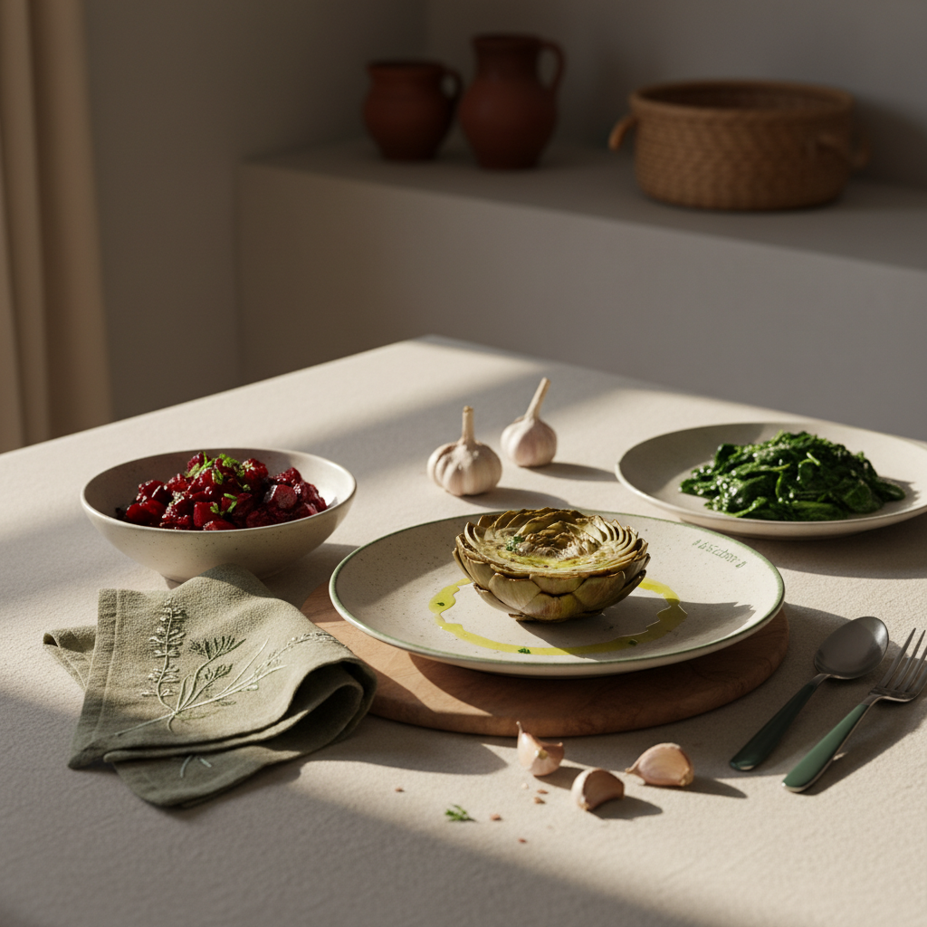 Welche 4 Lebensmittel reinigen die Leber? Vollbildaufnahme mit Artischocke, Rote-Bete-Salat, sautiertem Spinat und Knoblauch auf minimalistischem, warmem Küchentisch.