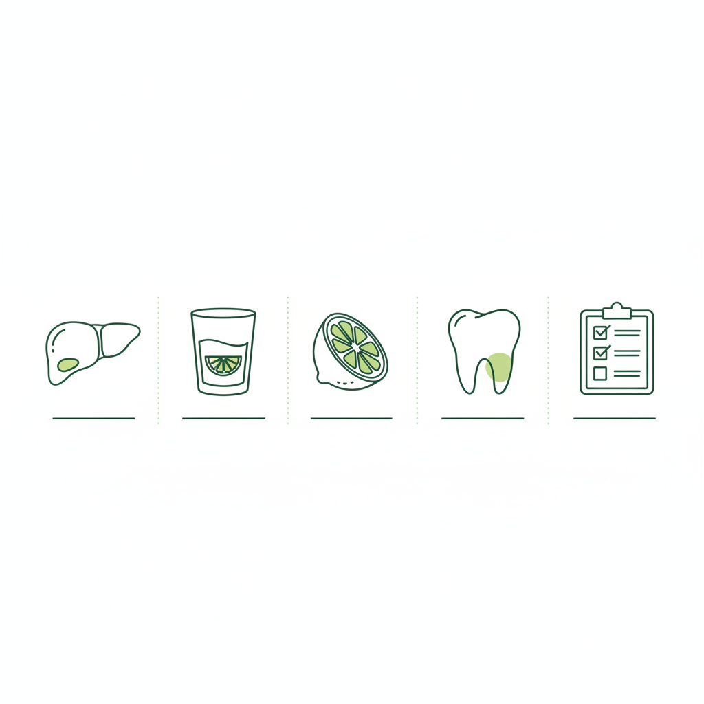 Minimalistische 2D-Vektor-Infografik mit Leber-Symbol, Glas mit Zitronenscheibe, Zitrone, Zahn und Checkliste in Schnell Lecker Farben – Zitronenwasser Leber