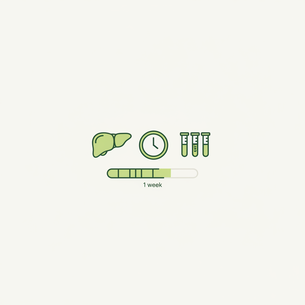 Minimalistische 2D-Infografik mit Leber-Icon, Uhr und GGT/ALT/AST-Symbolen sowie Fortschrittsleiste – Was passiert mit der Leber nach einer Woche ohne Alkohol
