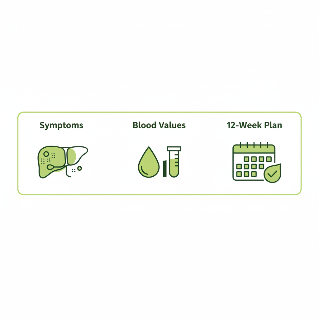Minimalistische 2D-Vektor-Infografik zum Leber entgiften mit drei klaren Icons für Symptome, Blutwerte und einen 12‑Wochen‑Plan in Schnell-Lecker-Farben.