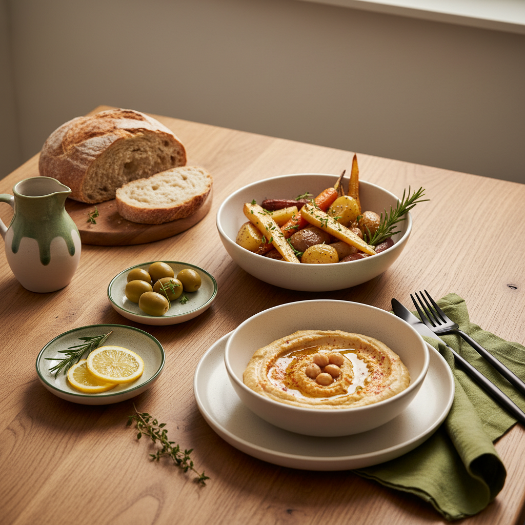 Minimalistische Küchenaufnahme mit mediterranen Speisen und frischen Kräutern auf hellem Holztisch in Schnell Lecker Farben, geeignet zum Leber entgiften.