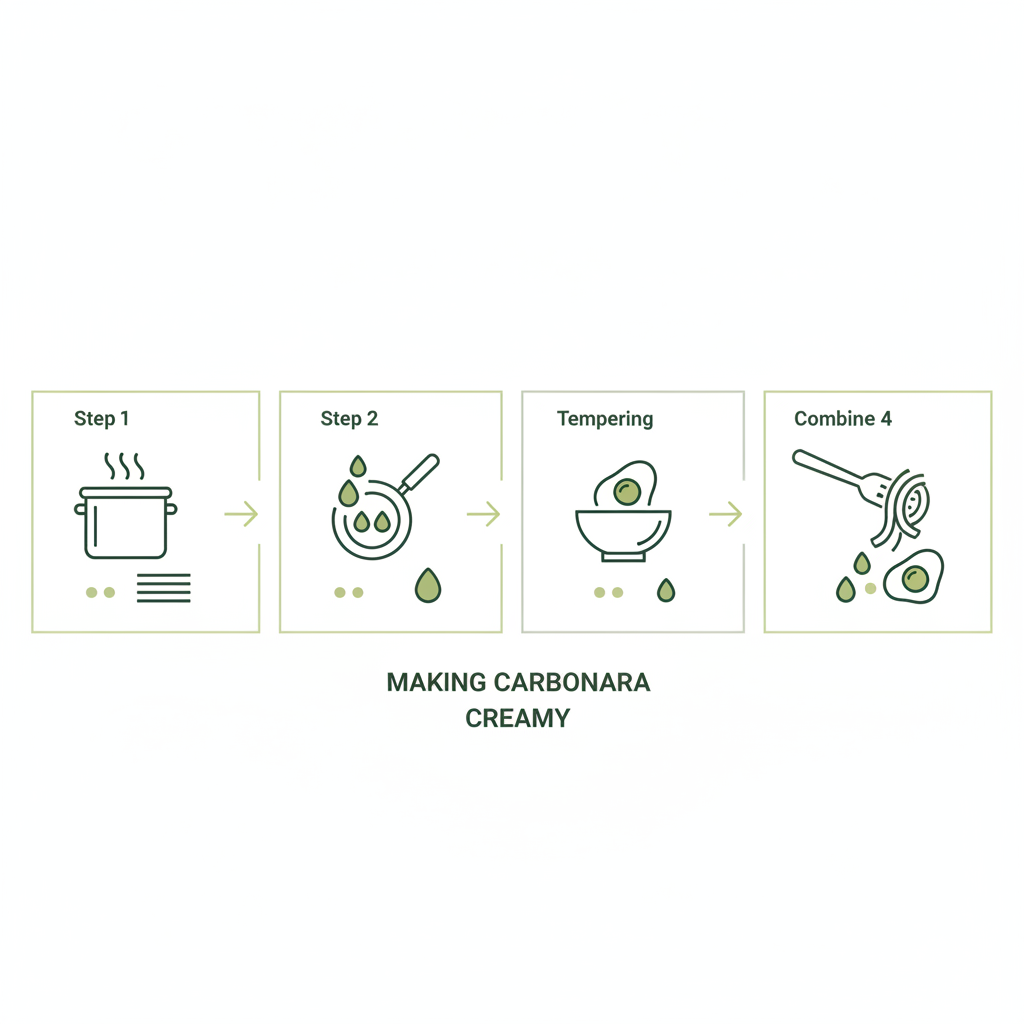 Infografik mit vier Vektor-Icons (Kochen, Auslassen, Temperieren, Unterheben) in Markenfarben zur Anleitung, Carbonara cremig machen