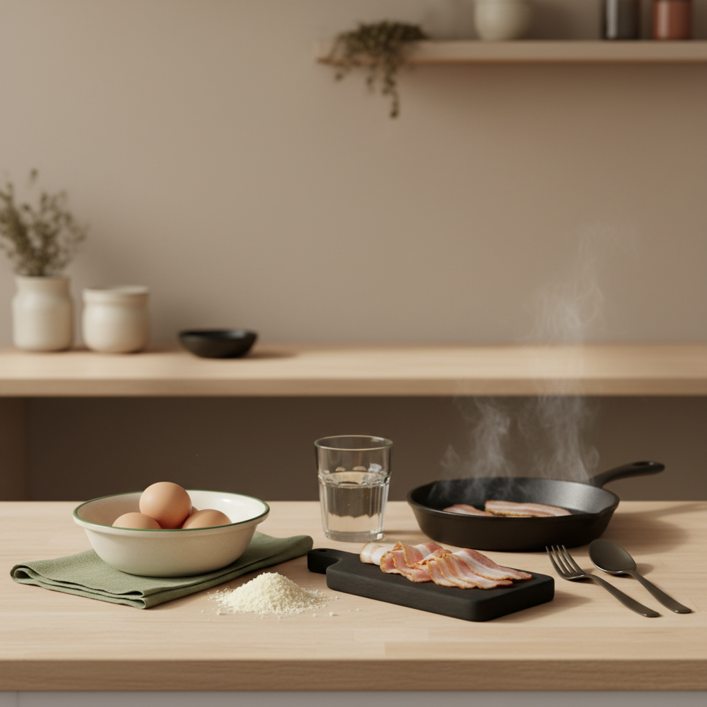 Heimelige Küchenaufnahme mit Eiern, Käse, Guanciale, Glas Pastawasser und Pfanne mit Dampf – Zutaten für Carbonara cremig machen in warmem, minimalistischen Setting