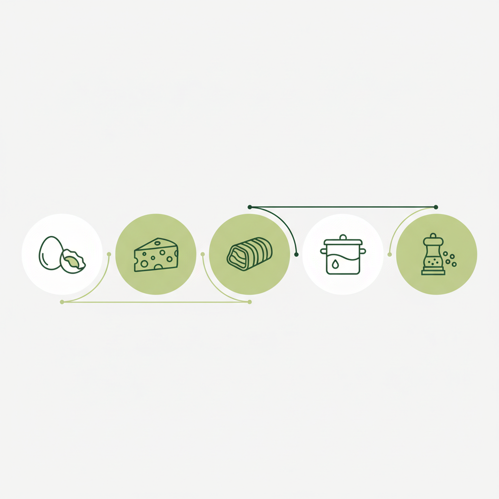 Minimalistische 2D-Vektor-Infografik mit Icons für Eier, Käse, Guanciale, Pastawasser und Pfeffer – Warum keine Sahne in Carbonara