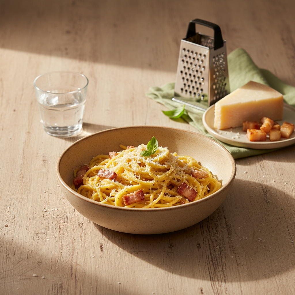 Schüssel Spaghetti Carbonara mit Pecorino, Guanciale und kleinem Glas Pastawasser auf #dbdbcf-Hintergrund – Warum keine Sahne in Carbonara