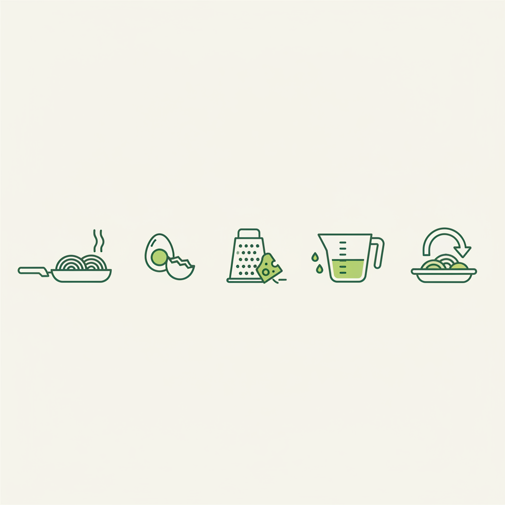 Minimalistische Vektor-Infografik mit Icons (Pfanne, Ei, Käsereibe, Messbecher, Off-Heat-Pfeil) zur Zubereitung von Carbonara ohne Sahne in Markenfarben.