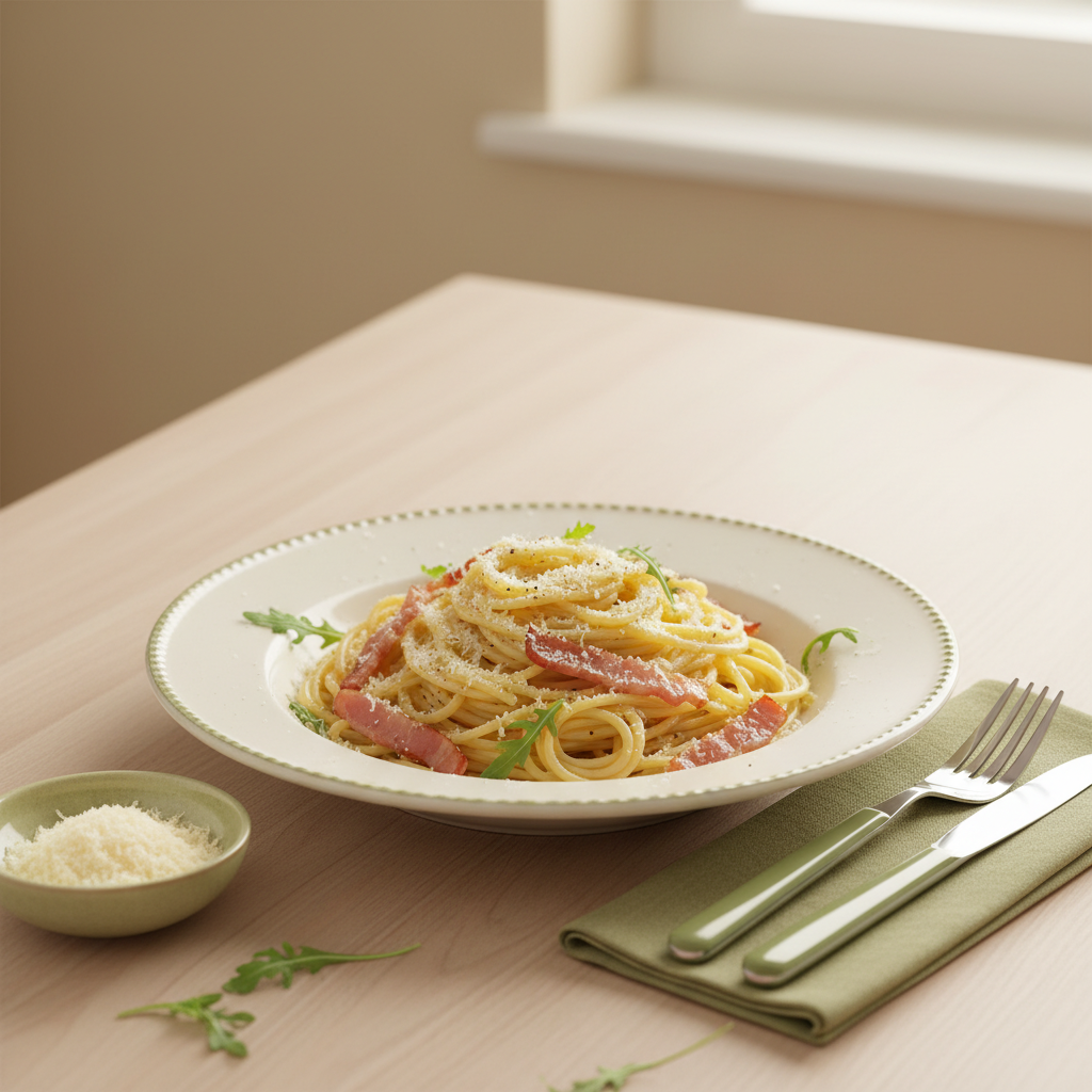 Teller mit Carbonara ohne Sahne: Spaghetti mit Guanciale‑Streifen und geriebenem Käse auf minimalistischem, warmem Küchenhintergrund in Markenfarben.