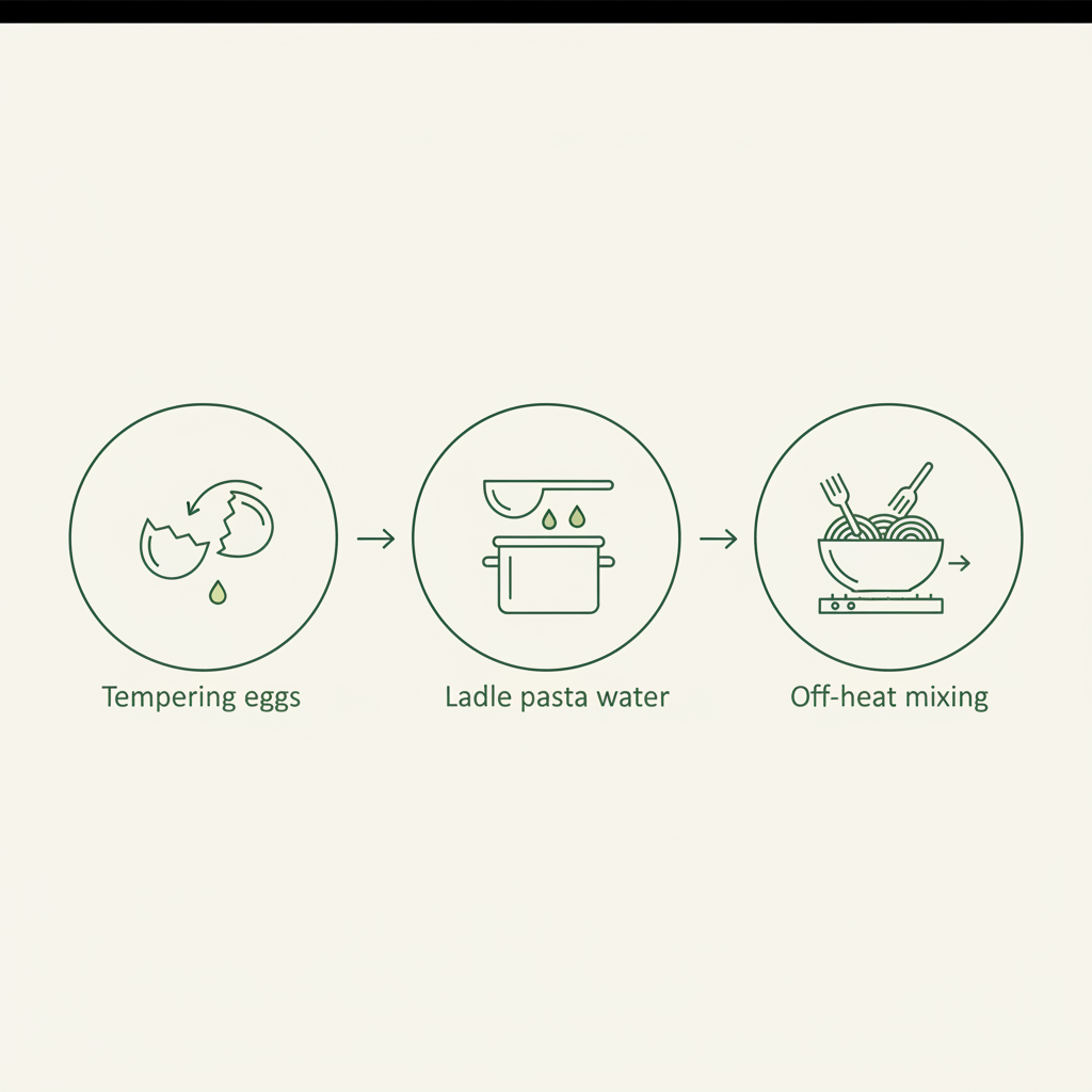 Minimalistische 2D-Vektor-Infografik mit drei Icons (Eier temperieren, Nudelwasser schöpfen, off‑heat vermengen) in Markenfarben; Illustration zu Carbonara Fehler.