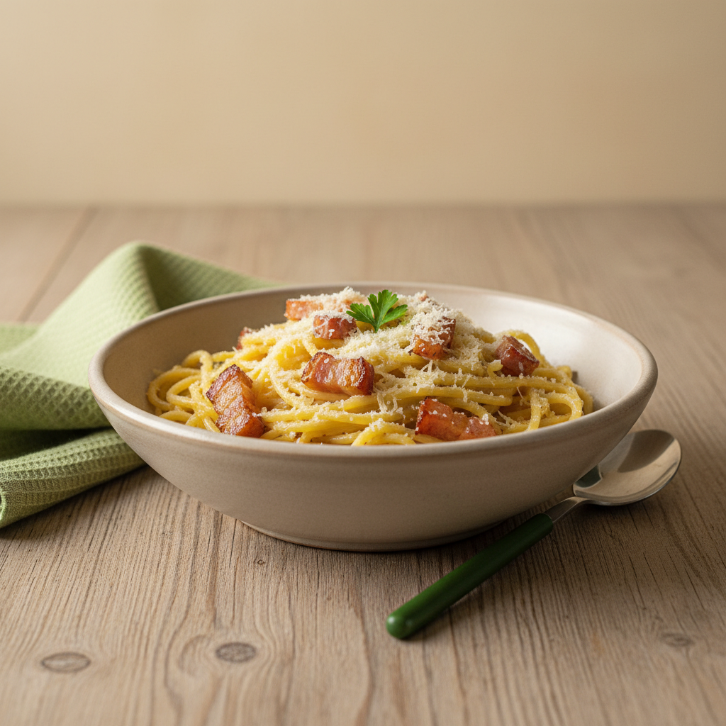 Nahaufnahme einer Carbonara mit glänzender Sauce, Guanciale-Stücken und geriebenem Käse, warmes Licht, dezenter Schnell Lecker Farbton. Carbonara Fehler