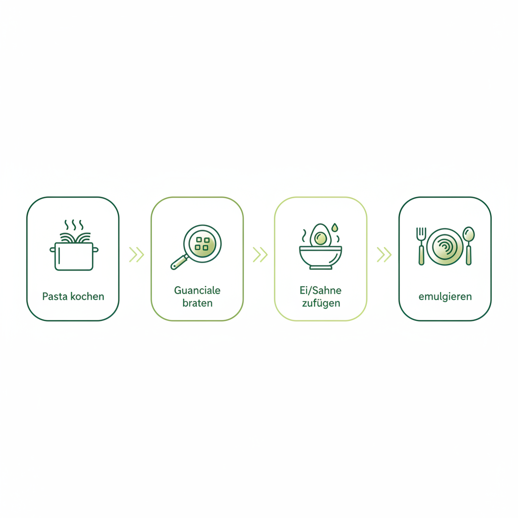 Minimalistische Vektor-Infografik mit vier Icons zur Zubereitung von Carbonara mit Sahne: Pasta kochen, Guanciale braten, Ei & Sahne zufügen und emulgieren.