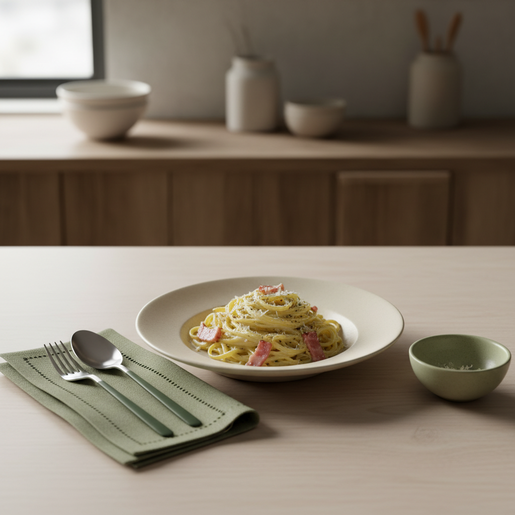 Vollbildaufnahme einer hausgemachten Carbonara mit Sahne auf minimalistischem Teller mit Guanciale, geriebenem Käse und frisch gemahlenem Pfeffer vor #dbdbcf-Hintergrund