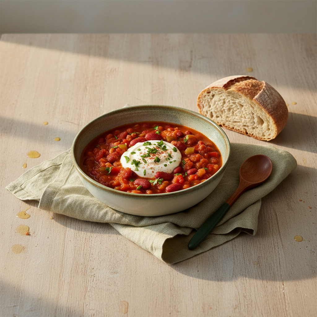 Schale mit hausgemachtem Chili auf rustikalem Holztisch, garniert mit saurer Sahne, Petersilie und Paprika, minimalistisch arrangiert – chili zutaten