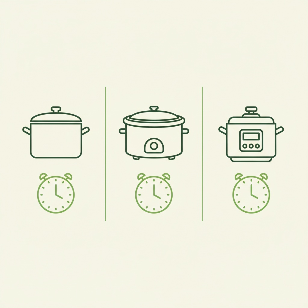 Minimalistische 2D-Vektor-Infografik mit drei Icons (Herd, Slow Cooker, Schnellkochtopf) zur Darstellung der Chili con Carne Kochzeit in Markenfarben