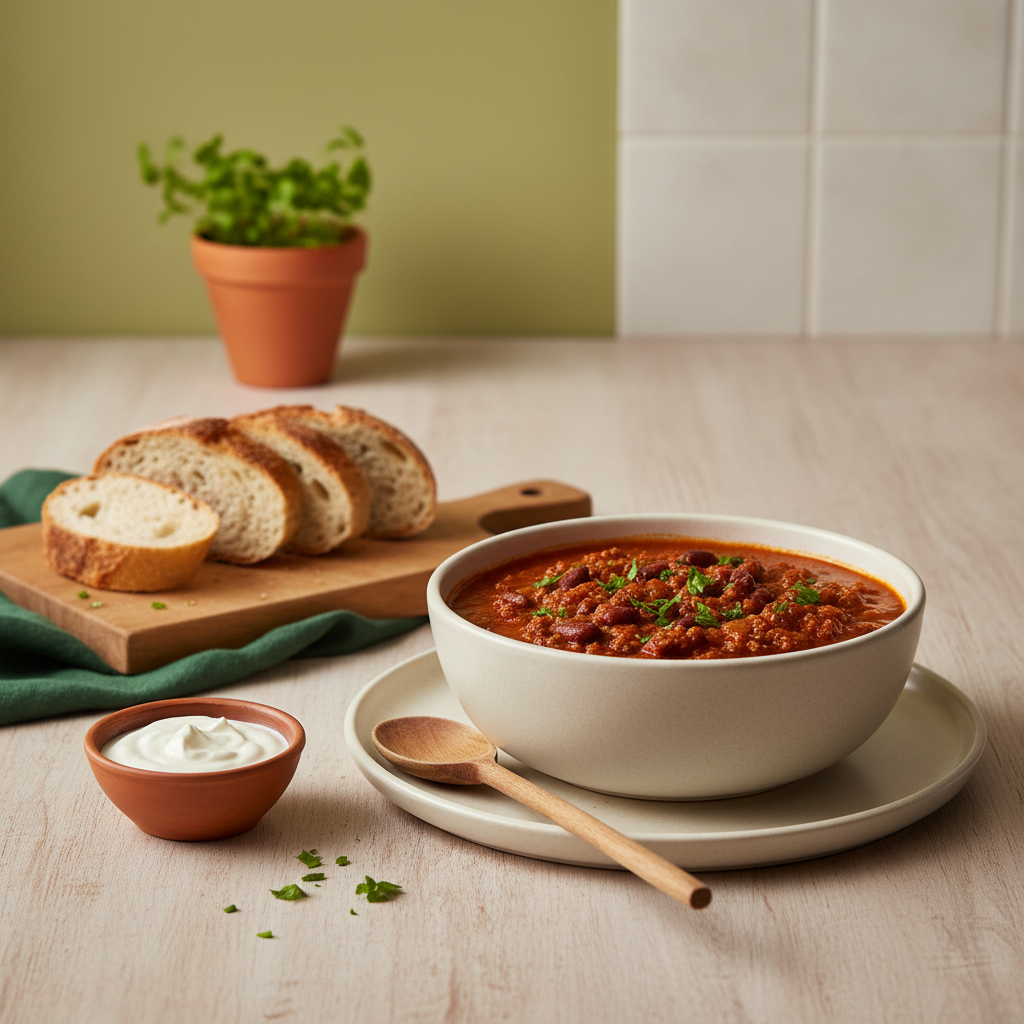 Vollformataufnahme einer heimeligen Küchenkomposition mit Schale Chili con Carne, Brot und Holzlöffel vor #dbdbcf-Hintergrund, Akzente #a5cd8d – Chili con Carne Kochzeit