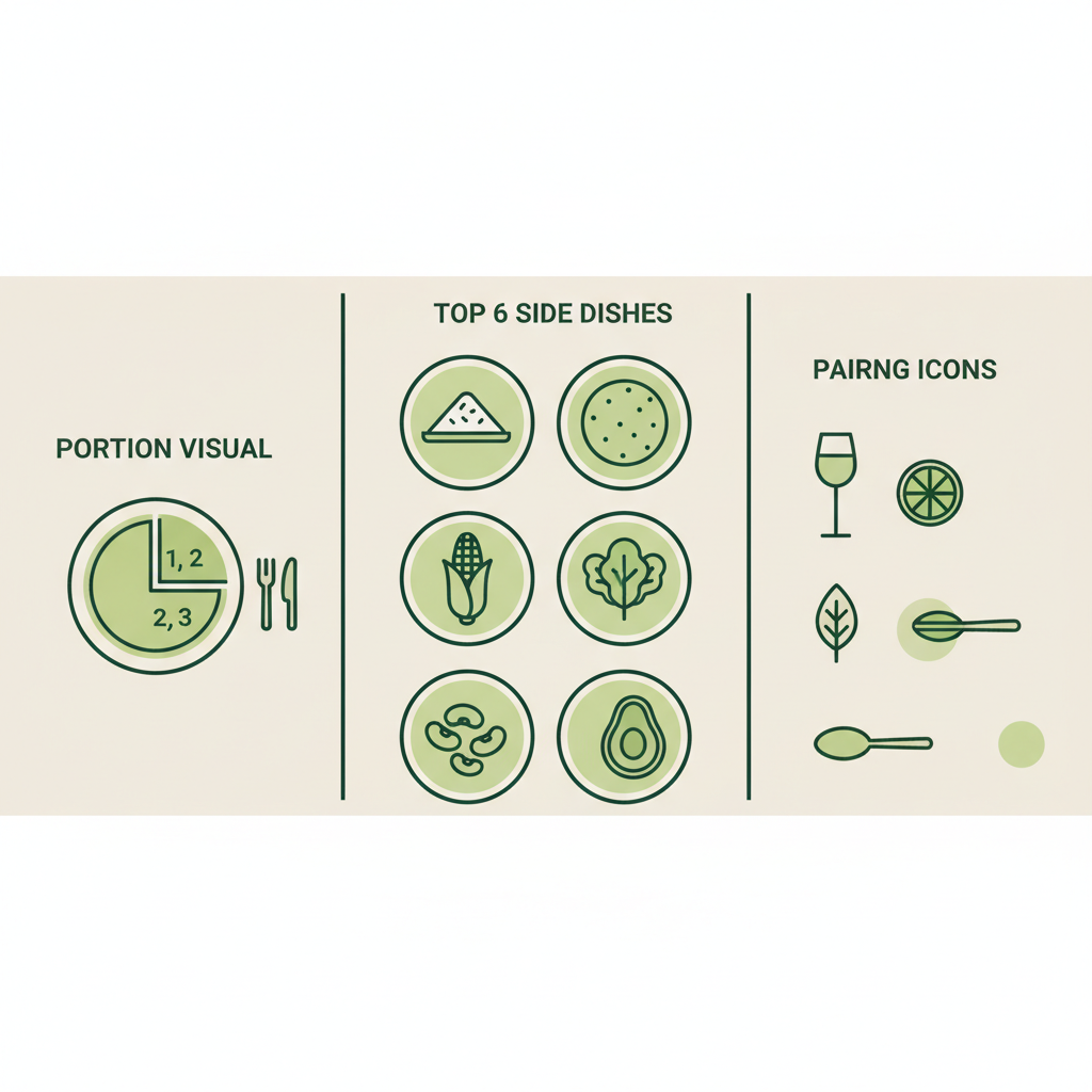 Minimalistische Vektor-Infografik mit Portionen, sechs empfohlenen Beilagen und Kombinations-Icons im Schnell Lecker Stil – Beilagen zu Chili con Carne.