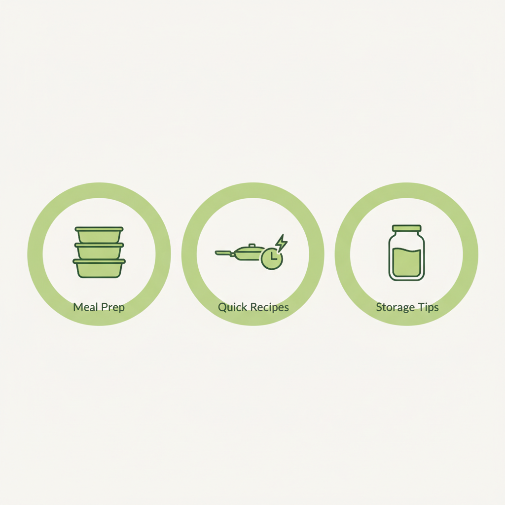 Vektor-Infografik mit drei minimalistischen Icons für Meal Prep, Quick Recipes und Storage Tips auf #dbdbcf-Hintergrund – Seit wann werden Chilis mit Bohnen zubereitet?