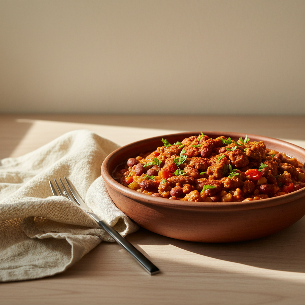 Seit wann werden Chilis mit Bohnen zubereitet? Nahaufnahme einer Chili-mit-Bohnen-Schüssel auf Holztisch, schlichtes europäisches Geschirr, warme Lichtstimmung, Hintergrund #dbdbcf.