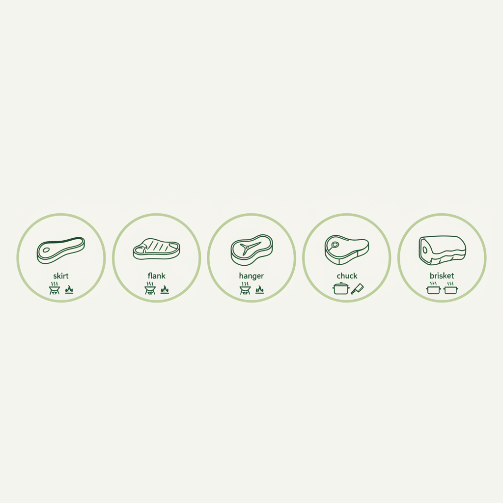 Minimalistische 2D-Vektorinfografik zu carne: fünf Rindschnitte (skirt, flank, hanger, chuck, brisket) als Icons mit Piktogrammen für Grillen, Schmoren und Hack