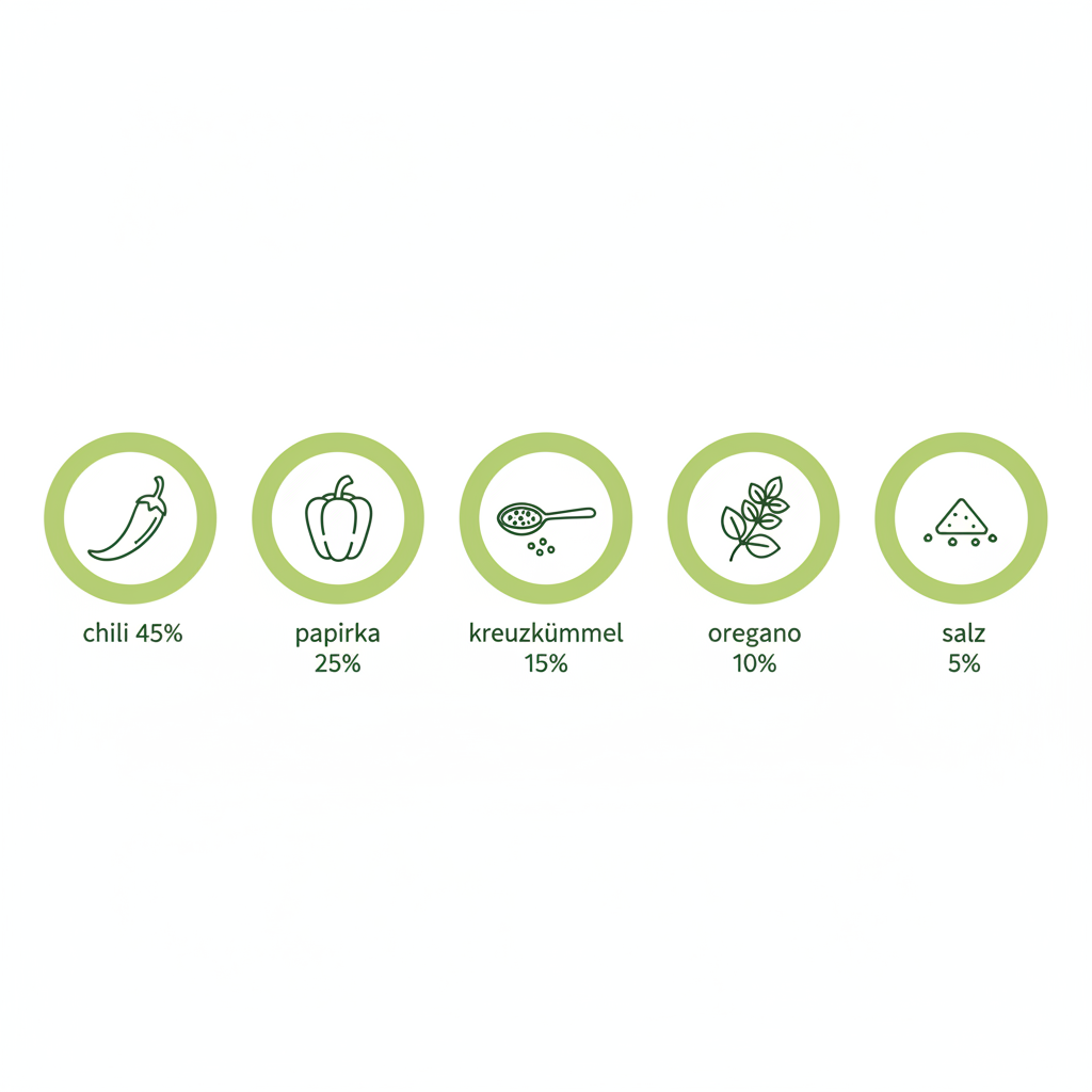 Minimalistische Vektor-Infografik mit Icons und Prozentangaben für Chili, Paprika, Kreuzkümmel, Oregano und Salz – passend zu Chili con Carne Gewürze.