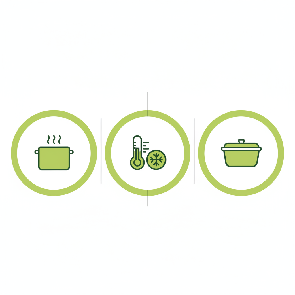 Minimalistische Vektor-Infografik mit drei Icons (Kochen, Abkühlen, Aufbewahren) zum Thema Chili con Carne am Vortag zubereiten