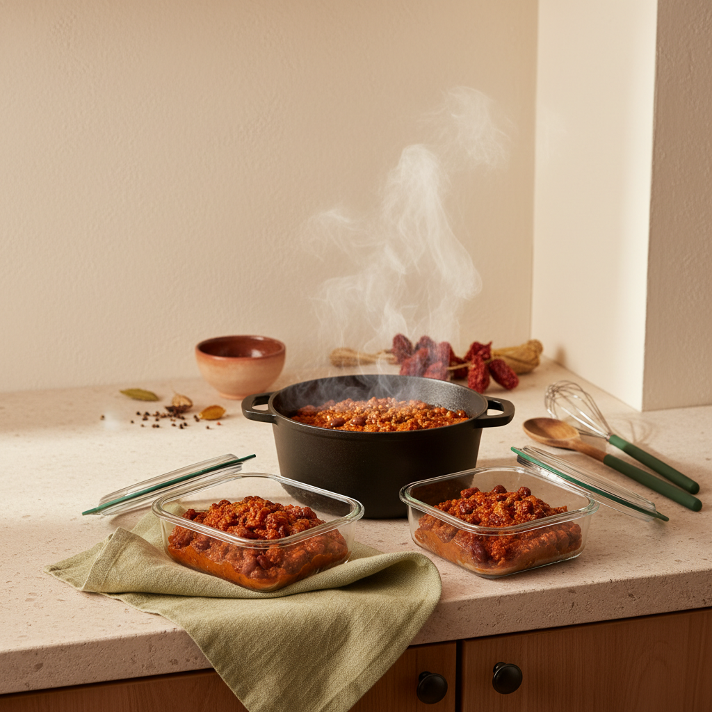 Stehender Kochtopf mit dampfendem Chili, flache Glasbehälter zum Abkühlen auf Tresen – Szene zum Chili con Carne am Vortag zubereiten in warmer, minimalistischer osteuropäischer Küche.