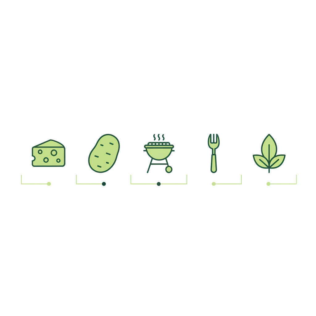 Minimalistische 2D-Vektor-Infografik zur Raclette-Zubereitung mit stilisierten Käse-, Kartoffel-, Grill-, Gabel- und Veganblatt-Icons in Schnell-Lecker-Farben.