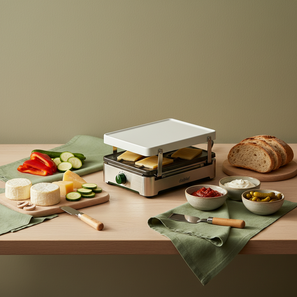 Heimeliges Raclette-Setup auf hellem Holztisch mit Raclette-Grill, Käserädern, geschnittenem Gemüse und kleinen Schälchen, warmer minimalistischer Stil.