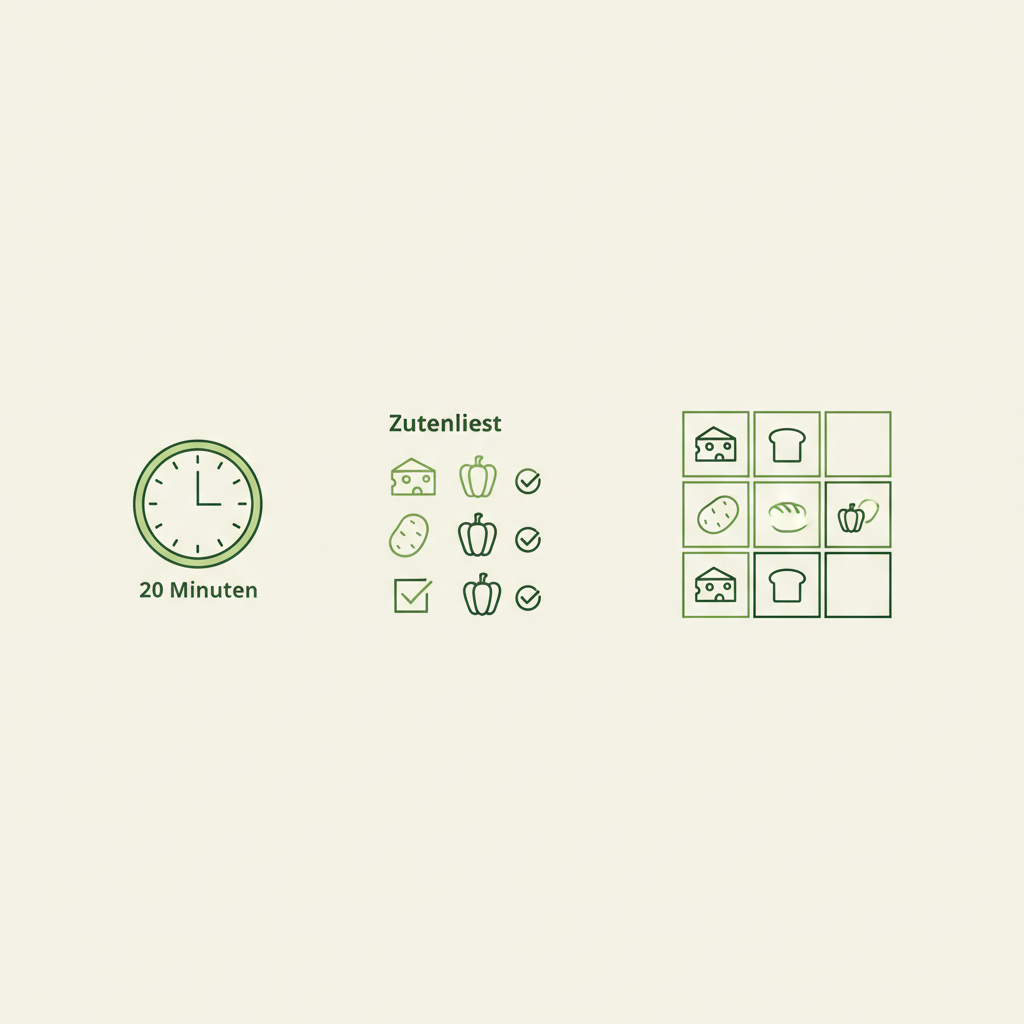 Minimalistische 2D-Vektor-Infografik zu Raclette Ideen mit Uhr-Icon (20 Minuten), Zutaten-Checkliste und fünf Kombi-Piktogrammen, Hintergrund #dbdbcf, Akzente #a5cd8d.