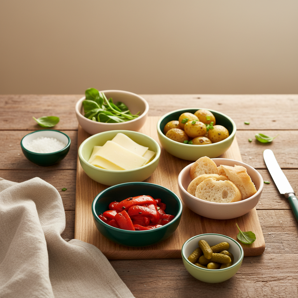 Nahaufnahme einer minimalistischen Tischszene mit geteilten Schälchen und Zutaten in Markenfarben (Hintergrund #dbdbcf, Akzente #a5cd8d), warme Raclette Ideen.