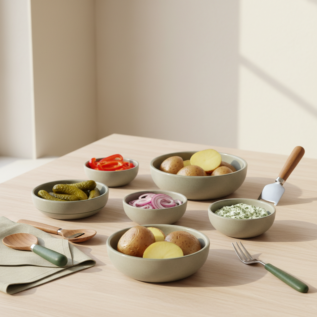 Minimalistische Anordnung von Raclette Beilagen: Kartoffeln, Gewürzgurken, geschnittenes Gemüse und Kräuterdip in kleinen Schalen auf hellem Holztisch.