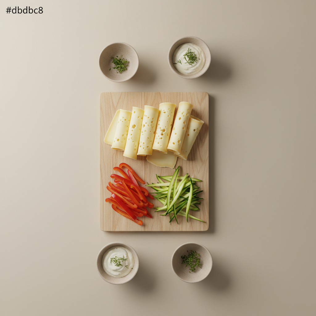 Draufsicht Close-up eines Raclette-Tisches mit aufgerollten Käsescheiben, roten Paprikastreifen, grüner Zucchini und kleinen Dip-Schalen auf Holzbrettern vor beigem Hintergrund