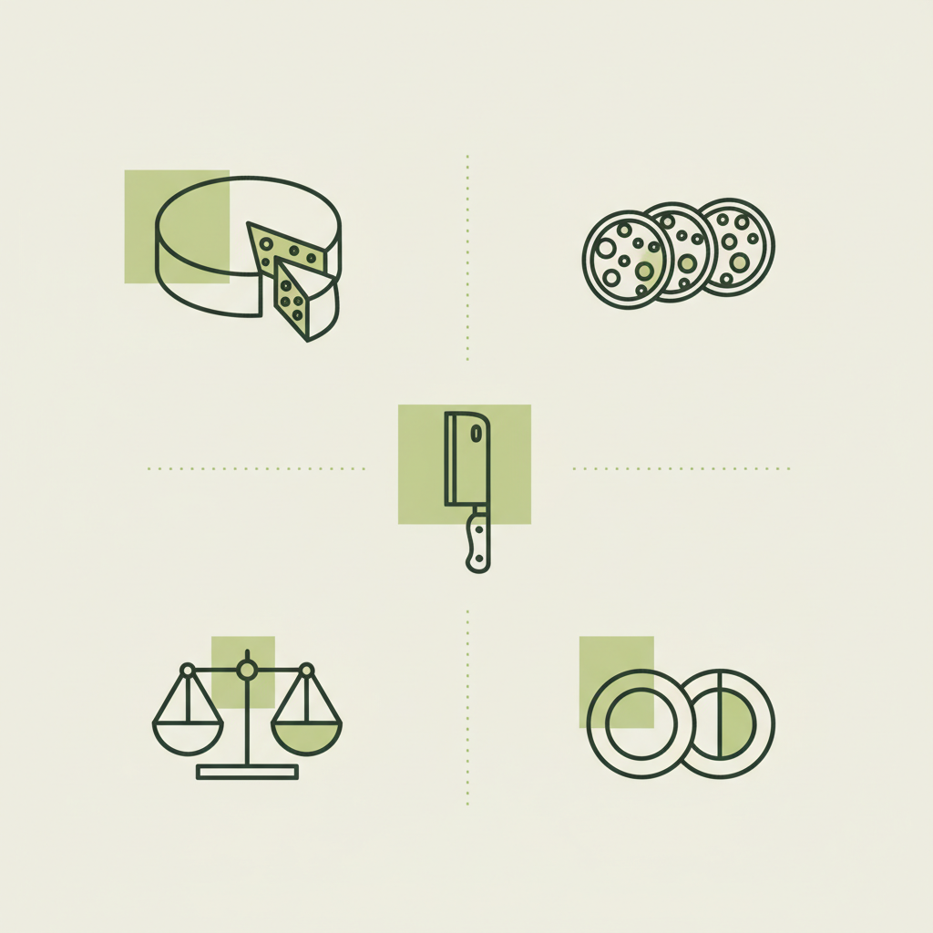 Minimalistische 2D-Vektor-Infografik: Welche Wurst passt gut zu Raclette – Käse, Wurstscheiben, Messer, Gewichtssymbol und Portionsempfehlungen in Schnell Lecker Farben