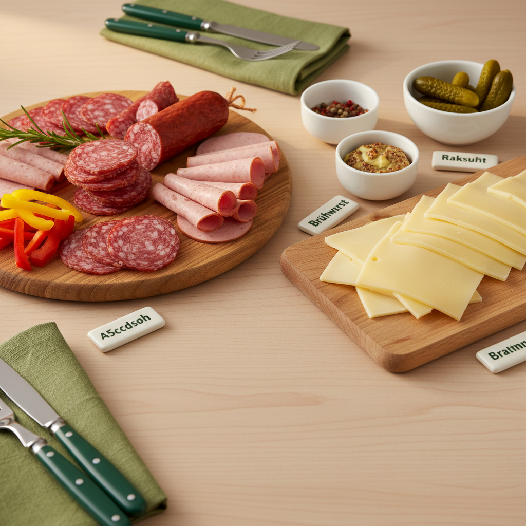 Welche Wurst passt gut zu Raclette: Minimalistisches Raclette-Arrangement mit aufgeschnittenen Würsten, Raclette-Käse und Schälchen auf hellem Hintergrund #dbdbcf, Akzente #a5cd8d
