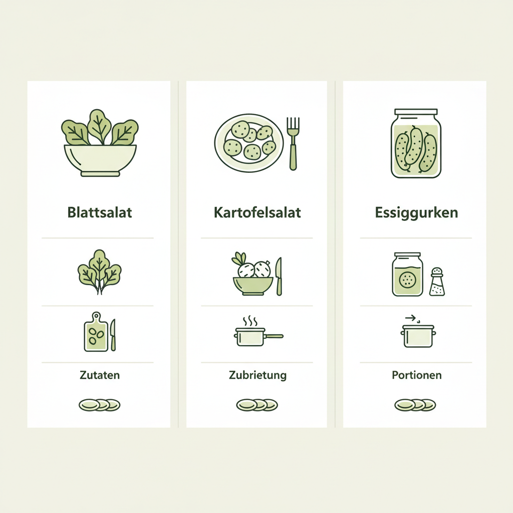 Minimalistische 2D-Vektor-Infografik mit drei Salatempfehlungen (Blattsalat, Kartoffelsalat, Essiggurken) und visuellen Abschnitten Zutaten, Zubereitung, Portionen für Salate zu Raclette