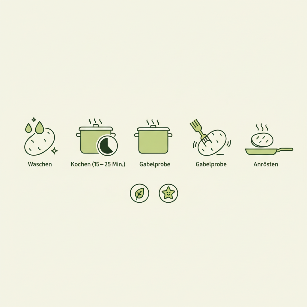 Minimalistische 2D-Infografik zu Kartoffelschale essen mit Vektor-Icons: Waschen, Kochen (15–25 Min), Gabelprobe, Anrösten sowie Bio- und Kinder-Symbol.