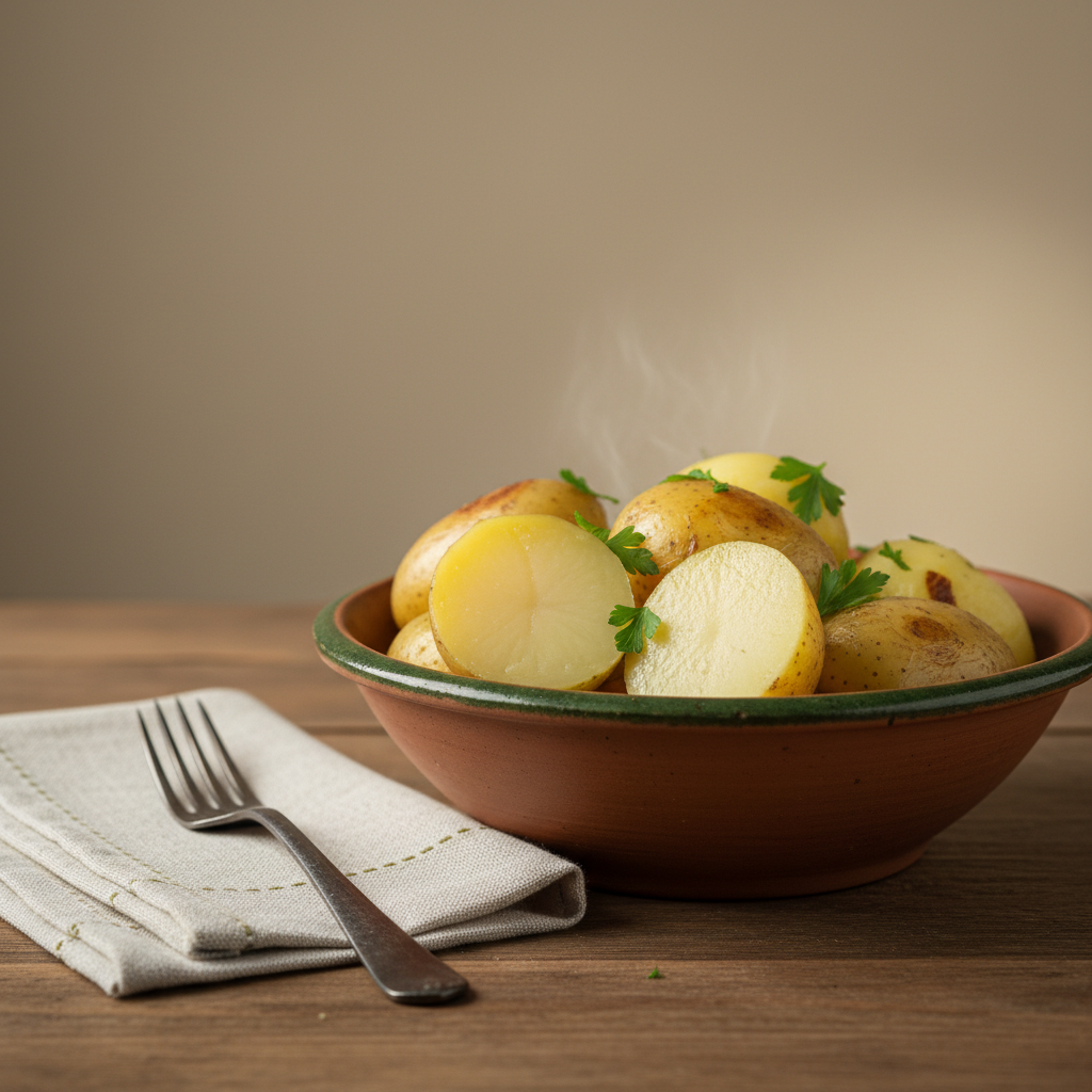 Nahaufnahme einer Schale mit frisch gekochten Pellkartoffeln, einige halbiert mit goldbraunen Rändern auf warmem Hintergrund #dbdbcf, dezente grüne Akzente #a5cd8d – Kartoffelschale essen
