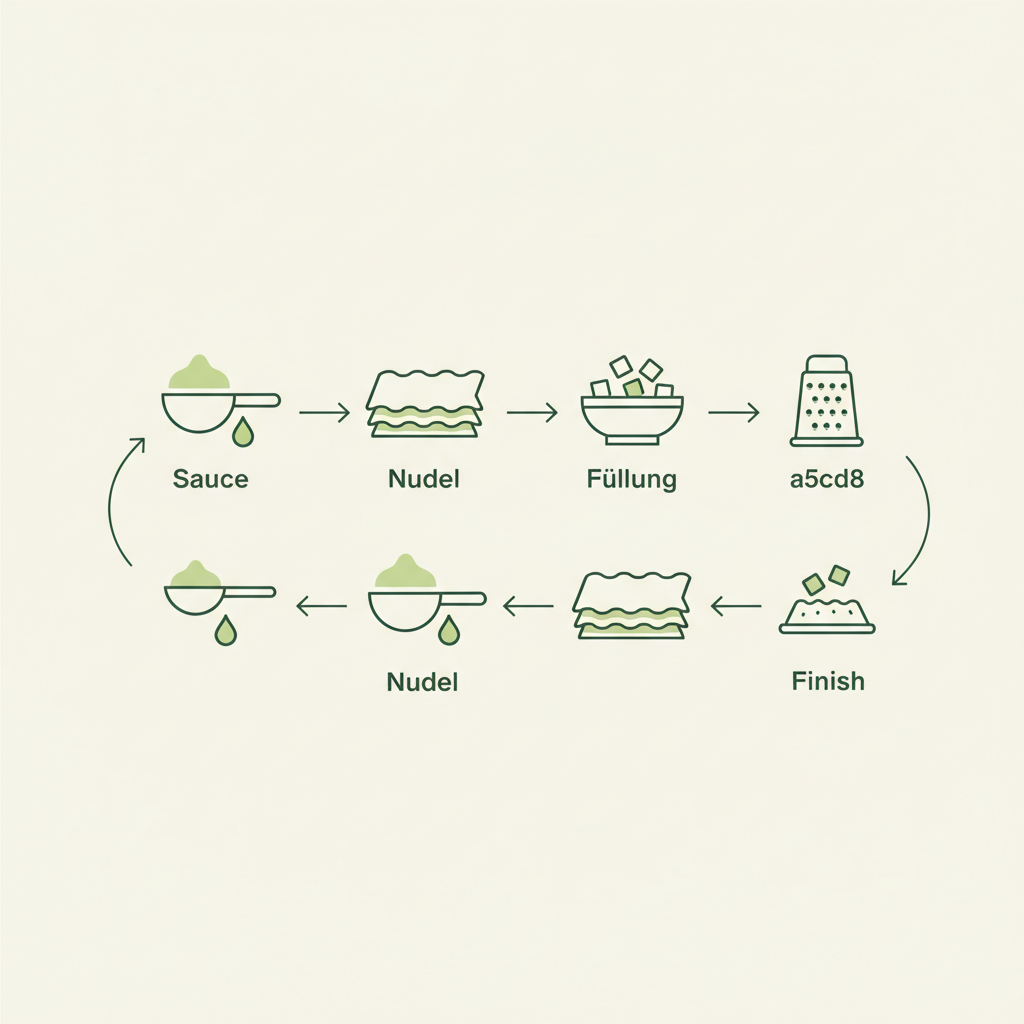 Minimalistische Vektor-Infografik zeigt ideale Reihenfolge zum Lasagne schichten mit Icons für Sauce, Nudel und Füllung, verbunden durch Pfeile, in Schnell Lecker Farben.