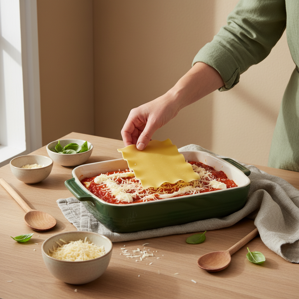 Vollbild einer heimischen Küche: Person beim Lasagne schichten in einer keramischen Auflaufform, warme Seitenbeleuchtung, minimalistisches, aufgeräumtes Setting