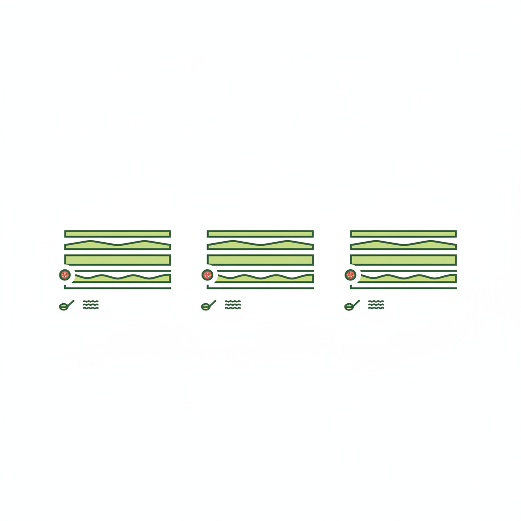 Minimalistische 2D-Vektor-Infografik mit drei Lasagne-Querschnitten (3/4/5 Schichten) und Icons für Ragù, Béchamel und Nudelblatt. Lasagne Schichten