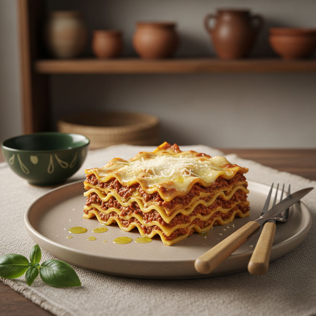 Close-up einer Lasagne-Scheibe mit sichtbaren lasagne schichten, frisch geriebenem Käse und Olivenöl auf neutralem Teller vor gemütlichem hellen Küchenhintergrund.