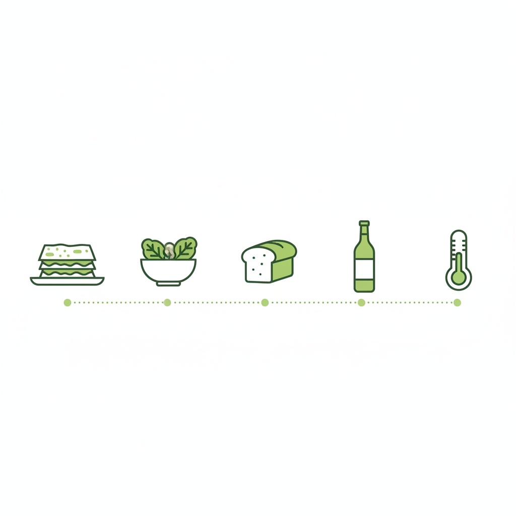 Minimalistische Vektor-Infografik mit Icons für Beilagen zu Lasagne: Teller mit Lasagne, Salat, Brot, Weinflasche und Thermometer auf Hintergrund #dbdbcf