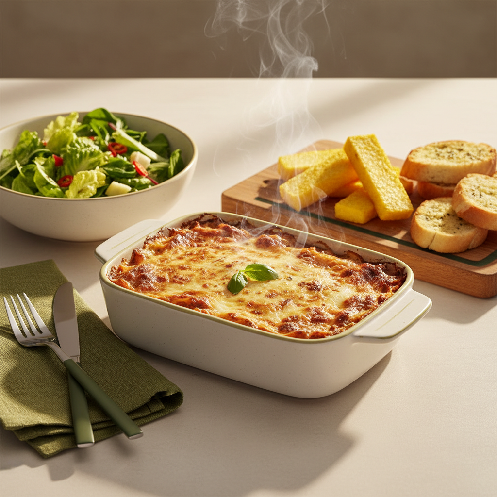 Beilagen zu Lasagne: Heimeliges, minimalistisches Tisch-Setup mit Lasagne, grünem Salat, Knoblauchbrot und Polenta-Schnitten vor #dbdbcf Hintergrund