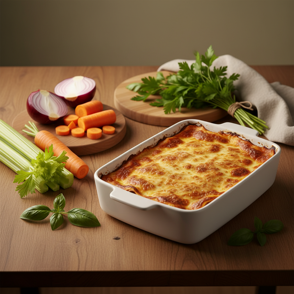 Geben Italiener Fleisch in ihre Lasagne? Heimelige europäische Küche mit frisch gebackener Lasagne, Zutaten (Zwiebel, Karotte, Sellerie, Kräuter) auf Holztisch.