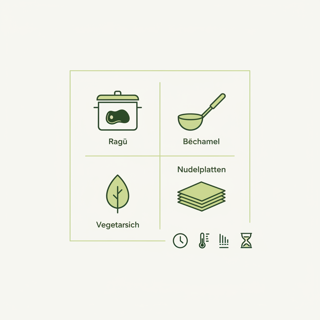 Infografik mit Vektor-Icons zu Ragù, Béchamel, Nudelplatten und vegetarischer Option; Icons zeigen Kochzeit, Temperatur und Ruhezeit. Geben Italiener Fleisch in ihre Lasagne?