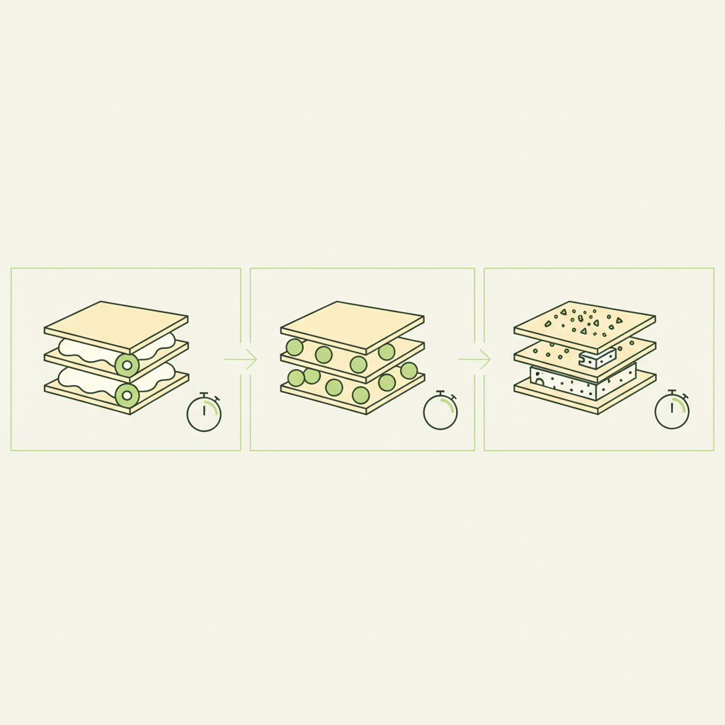Minimalistische Vektor-Infografik: wann kommt der Käse auf die Lasagne – Ricotta, Mozzarella, Parmesan als Icons mit visuellen Backzeit-Icons in Markenfarben.