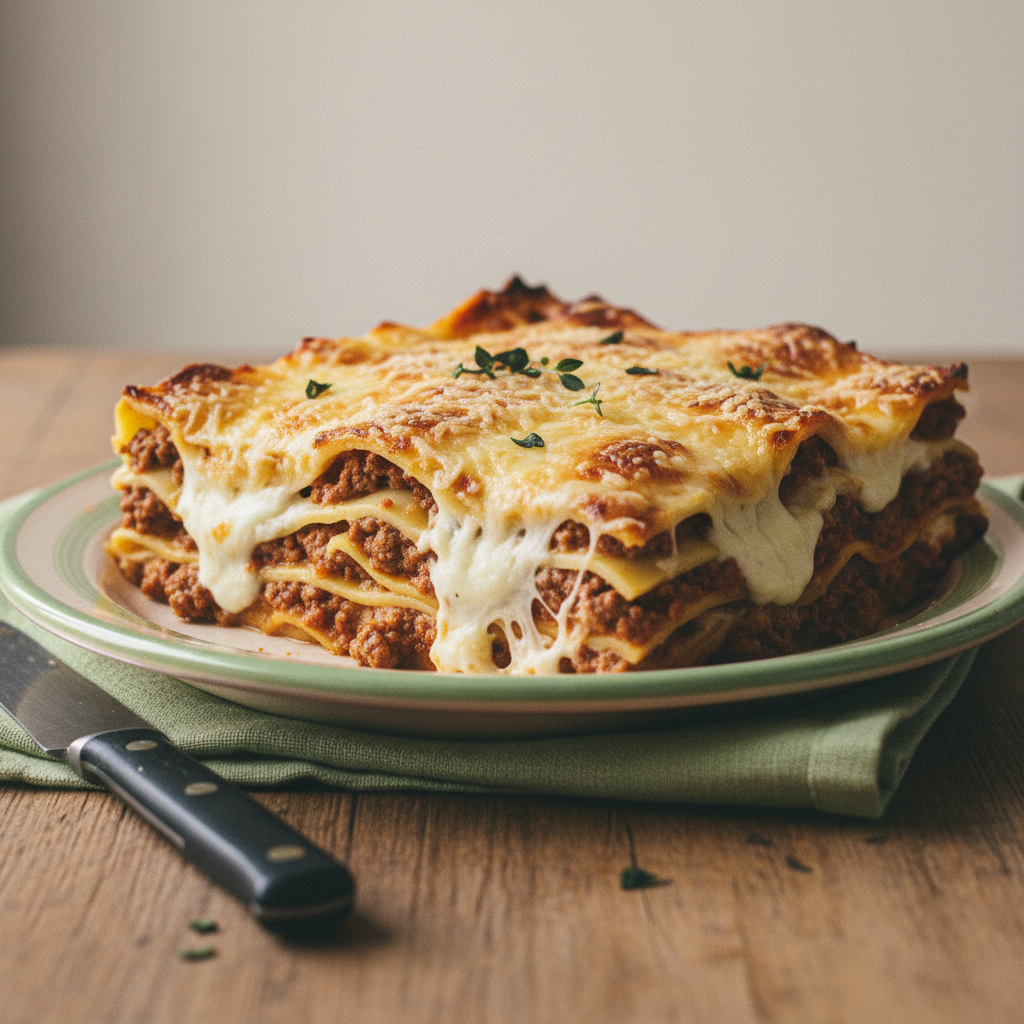 Close-up einer aufgeschnittenen Lasagne mit geschmolzenem Mozzarella und goldener Parmesankruste — zeigt wann kommt der Käse auf die Lasagne in warmer, minimalistischer Küchenatmosphäre.