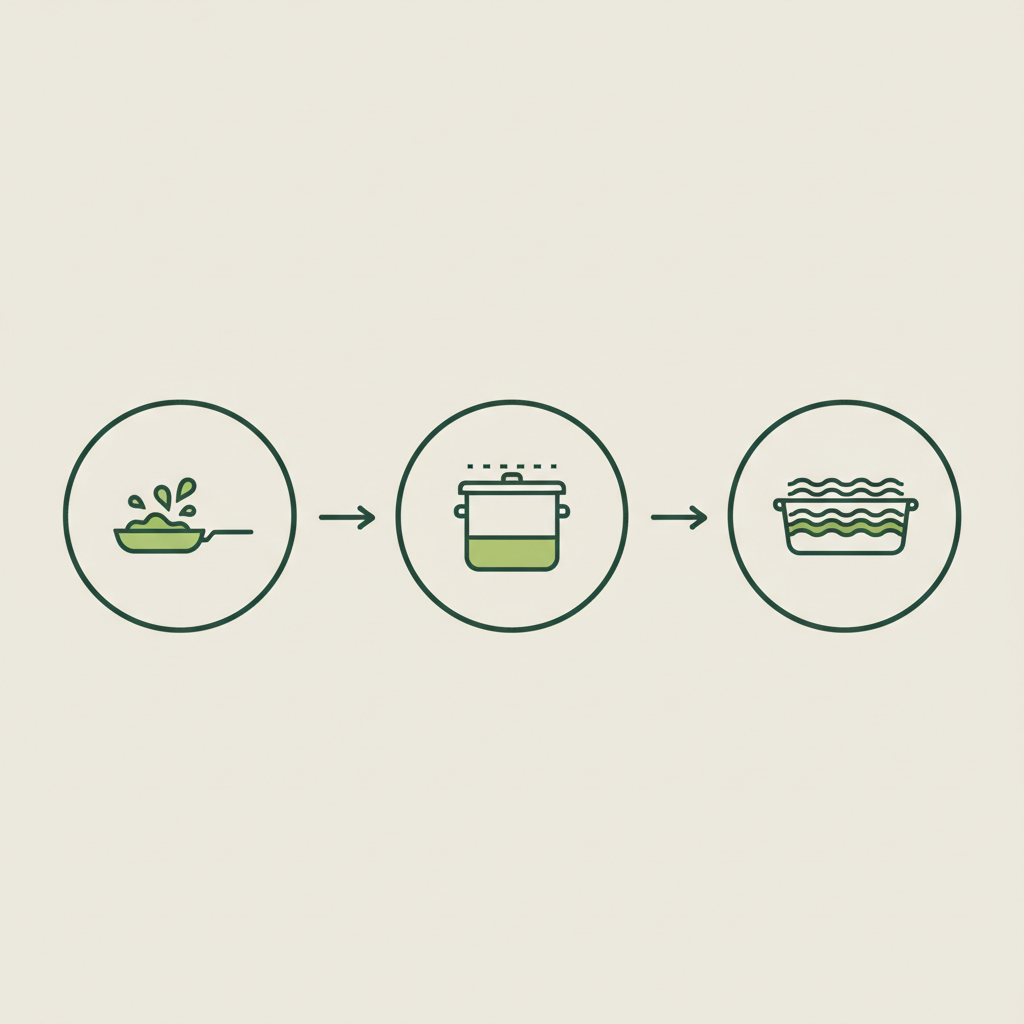 Minimalistische 2D-Vektor-Infografik mit drei Icons für Anbraten → Reduktion → Schichten im Schnell Lecker Farbstil, Lasagne Fleisch garen