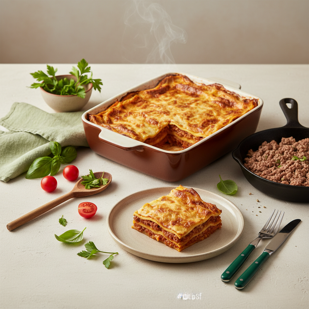 Frische Lasagne auf Tisch mit Tomaten, Basilikum und Pfanne mit Hackfleisch – Szene zum Lasagne Fleisch garen in warmem, minimalistischen Stil